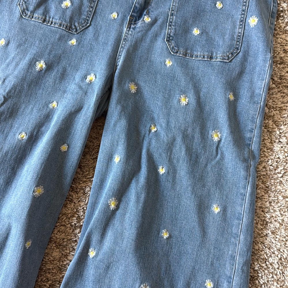 Blue Wide-Leg Jeans with Floral Embroidery - Picture 2 of 3